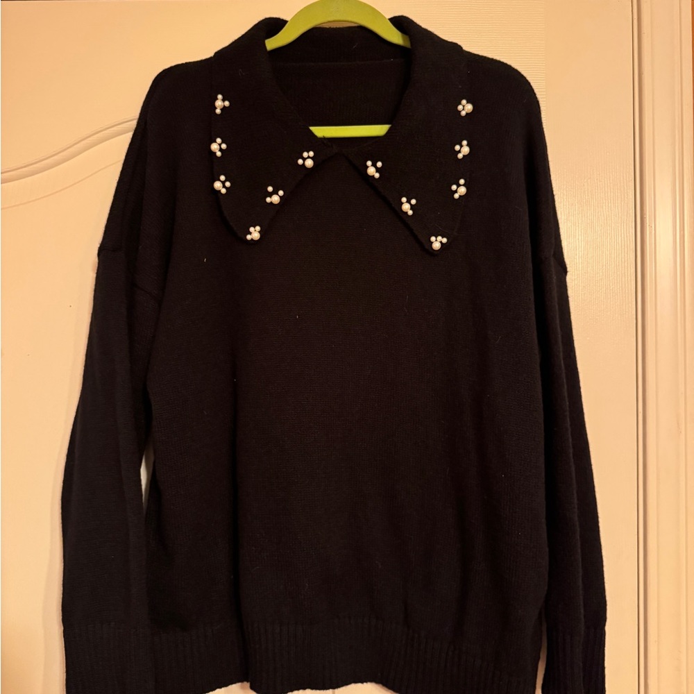 Black Sweater with Pearl Collar